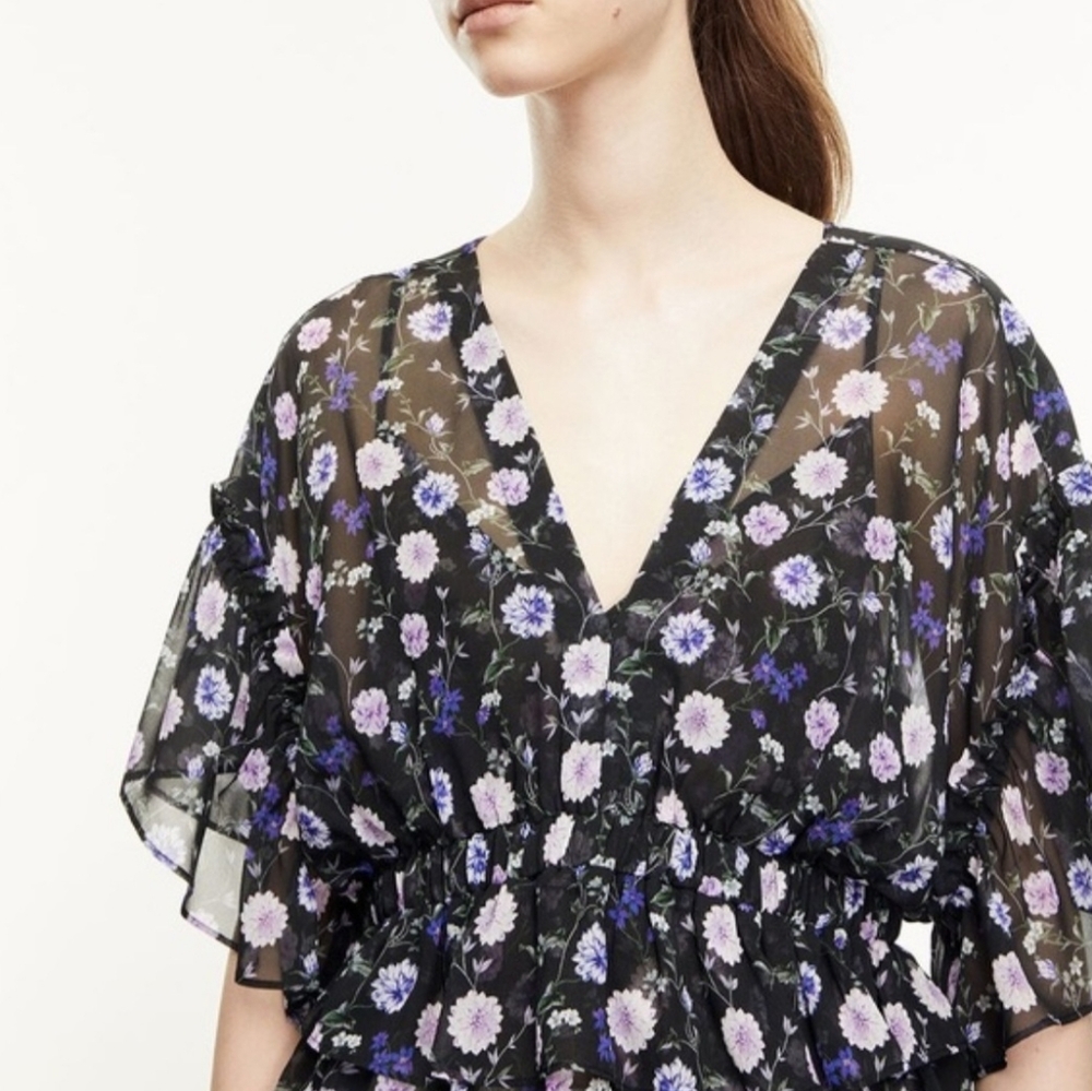 The Kooples Black & Purple Peony Floral Silk Chiffon Ruffle Blouse Sz 2